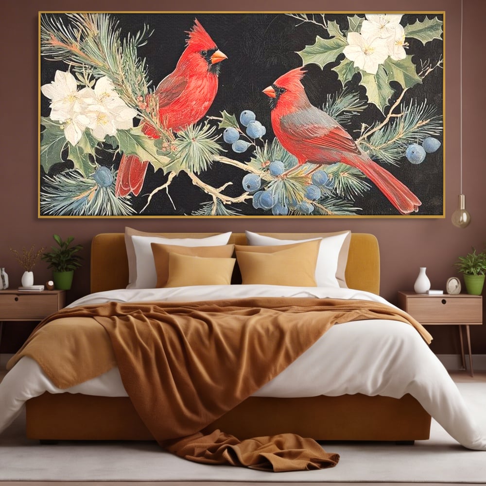 Tablou canvas cu tablou canvas cu doi cardinali pe ramuri, in rama de aluminiu auriu, pe perete intr-un dormitor